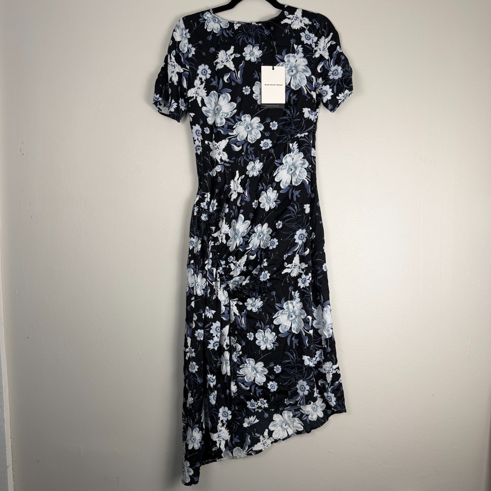 Who What Wear Asymmetrical Dress Women's XS Black White Floral Print Ruched